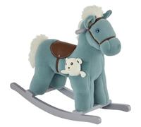 HOMCOM Cheval à bascule en peluche et en bois avec sons et ourson inclus, pour les enfants de 18 à 36 mois, 65x26x55cm, bleu