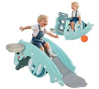 HomCom Cheval à bascule grenouille 3-en-1 – toboggan, panier – 18–36 mois, Bleu turquoise