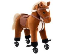 HOMCOM Cheval pour Enfant de +24 Mois Cheval en Peluche avec 4 roulettes, Effet sonore, Repose-Pieds et Guidon, Charge 60 kg 55x23x60 cm Marron