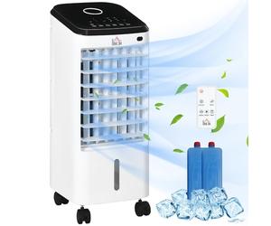 HOMCOM Climatiseur refroidisseur d'air ventilateur humidificateur 3 en 1 sur roulettes télécommande 3 modes 3 vitesses minuterie et oscillant réservoir 3,5L avec 2 blocs réfrigérants blanc