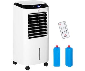 HOMCOM Climatiseur refroidisseur d'air ventilateur humidificateur ioniseur 4 en 1 sur roulettes télécommande 3 modes 3 vitesses minuterie et oscillant réservoir 10L 2 blocs réfrigérants blanc noir