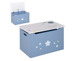 HOMCOM Coffre à jouets en bois bleu et blanc, banc de chambre d'enfant 55 x 34 x 35,5 cm