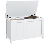 HOMCOM Coffre de rangement moderne avec 2 charnières de sécurité et poignées découpées, coffre à jouets en bois pour salon, entrée, 76 x 40 x 48 cm, blanc