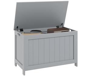 HOMCOM Coffre de rangement moderne avec 2 charnières de sécurité et poignées découpées, coffre à jouets en bois pour salon, entrée, 76 x 40 x 48 cm, gris