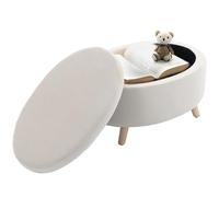 HOMCOM Coffre de Rangement, Tabouret Ovale, Banc de Rangement en Velours, Pieds en Bois d'hévéa, pour la Chambre à Coucher, entrée, Salon, Charge 120 Kg, 71 x 51,5 x 42 cm, Beige