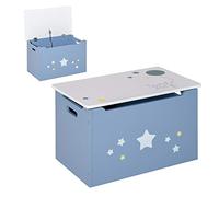HOMCOM Coffre jouets bois, poignée latérale, charnière sécurité, Bleu