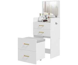HOMCOM Coiffeuse 3 en 1 avec tabouret à roulettes, table cosmétique avec miroir pliant, coiffeuse avec 3 tiroirs, commode pour chambre à coucher, blanche