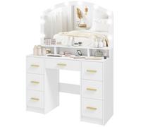 HOMCOM Coiffeuse avec 10 lampes LED style Hollywood, miroir, 7 tiroirs, 3 compartiments, MDF, blanc