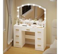 HOMCOM Coiffeuse avec 10 lumières LED en 3 Couleurs, Coiffeuse avec Miroir, Table de Maquillage avec 7 tiroirs, 3 Compartiments, Moderne, pour la Chambre à Coucher, Le Salon, Blanc