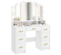 HOMCOM Coiffeuse avec éclairage LED, 3 couleurs de lumière, avec grand miroir, 7 tiroirs, 3 compartiments, pour chambre à coucher, blanche