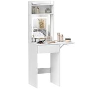 HOMCOM Coiffeuse avec éclairage LED, 3 couleurs de lumière, avec miroir, plateau pliable, avec tiroirs et 2 étagères ouvertes, pour chambre à coucher - Blanc
