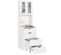 HOMCOM Coiffeuse avec éclairage LED 3 couleurs, miroir rabattable, coiffeuse moderne avec tabouret rembourré escamotable, 3 tiroirs, armoire avec portes en verre, compartiment, blanc