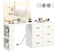HOMCOM Coiffeuse avec lampe LED, 3 couleurs de lumière Coiffeuse avec miroir, coiffeuse avec prise électrique, 6 tiroirs Soft-Close et 2 compartiments ouverts, blanc