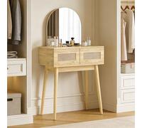 HOMCOM Coiffeuse avec Miroir bombé, Table de Maquillage avec 2 tiroirs et façade en rotin, Coiffeuse pour Chambre à Coucher, Petits espaces, Naturel