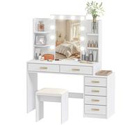 HOMCOM Coiffeuse avec miroir éclairé et tabouret rembourré, ensemble maquillage avec 6 tiroirs et étagères, Blanc