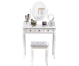 HOMCOM Coiffeuse avec Miroir et Tabouret 5 tiroirs Table de Maquillage avec Pieds en Bois de pin Massif 80 x 40 x 140cm Blanc