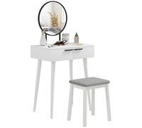 HOMCOM Coiffeuse avec Miroir et Tabouret, Bureau de Maquillage avec 2 tiroirs, Tabouret rembourré et Organisateur de Maquillage pour Chambre à Coucher et Dressing, 60 x 40 x 123 cm, Blanc