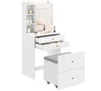 HOMCOM Coiffeuse avec Miroir et Tabouret de Rangement Mobile, Table de Maquillage compacte, tiroirs, Placard, Compartiments Ouverts, étagère réglable, siège rembourré, pour Chambre à Coucher, Blanc
