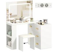 HOMCOM Coiffeuse avec miroir et tabouret, éclairage LED réglable 3 couleurs, 2 USB ports et 2 prises, table de maquillage modulable avec 6 tiroirs à fermeture douce, 2 étagères, siège rembourré, blanc