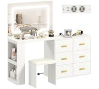 HOMCOM Coiffeuse avec Miroir et Tabouret, éclairage LED réglable 3 Couleurs, 2 USB Ports et 2 Prises, Table de Maquillage avec 6 tiroirs à Fermeture Douce, 2 étagères Ouvertes, siège rembourré, Blanc