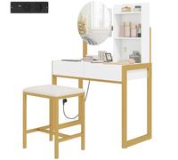HOMCOM Coiffeuse avec Miroir et Tabouret, Station Charge, 2 Tiroirs, Blanc | Table de Maquillage, 3 Étagères Ouvertes, Assise Rembourrée, Cadre en Métal, pour Chambre à Coucher