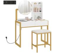 HOMCOM Coiffeuse avec Miroir et Tabouret, Station de Charge, Table de Maquillage avec 2 tiroirs, 3 étagères Ouvertes, Assise rembourrée, Cadre en métal, pour Chambre à Coucher, Blanc