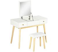 HOMCOM Coiffeuse avec Miroir et Tabouret, Table de Maquillage avec 2 tiroirs et Miroir Rabattable, Coussin rembourré, Bureau Coiffeuse, 100 x 45 x 118 cm, Blanc