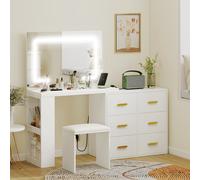 HOMCOM Coiffeuse avec miroir et tabouret, table de maquillage avec éclairage LED réglable, 6 tiroirs, 118 x 78 x 135 cm, blanc