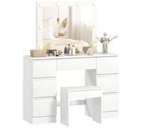 HOMCOM Coiffeuse avec Miroir et Tabouret, Table de Maquillage avec Miroir LED à luminosité, Tabouret rembourré et 7 tiroirs, Bureau Coiffeuse Style Hollywood, Blanc