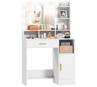 HOMCOM Coiffeuse avec Miroir LED, Table de Maquillage Moderne avec 10 lumières LED à 3 Couleurs réglables, Grand Miroir, tiroir, Placard et étagères Ouvertes, pour Chambre à Coucher, Blanc