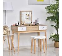 Homcom Coiffeuse avec Miroir Rabattable Table de Maquillage avec Tabouret rembourré Coussin Doux Compartiments et tiroirs Pieds en Bois Massif 100 x 45 x 118 cm Couleur Naturelle
