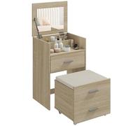 HOMCOM Coiffeuse avec Miroir Rabattable, Tabouret escamotable à roulettes, Coiffeuse avec Tabouret, tiroirs, Coussin en Lin détachable et Lavable, Compartiments, Peu encombrante, Naturelle