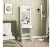 HOMCOM Coiffeuse Compacte avec Miroir et Éclairage LED, Plateau Pliable, Étagères Ouvertes, Tiroir, MDF, Blanc