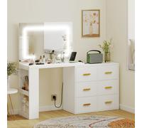 HOMCOM Coiffeuse de Chambre avec Miroir et Lumières LED Réglables, 6 Tiroirs, 2 Étagères et Prises Électriques, Blanc