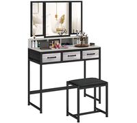 HOMCOM Coiffeuse de maquillage avec miroir triptyque amovible Tabouret 3 tiroirs en tissu Support pour sèche-cheveux Gris