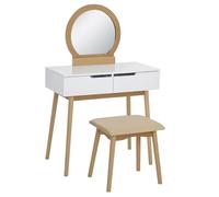 HOMCOM Coiffeuse Design scandinave Table de Maquillage avec Miroir, 2 tiroirs et Tabouret Blanc pin Clair