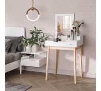 HOMCOM Coiffeuse Design scandinave Table de Maquillage Multi-rangements Miroir Pliable 60L x 50l x 86H cm pin et MDF Blanc Description:Cette superbe coiffeuse/bureau secrétaire 2 en 1 style scandinave