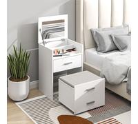 HOMCOM Coiffeuse en Bois avec Miroir Rabattable, 2 Tiroirs et Tabouret, 50x40x113.5 cm, Blanc
