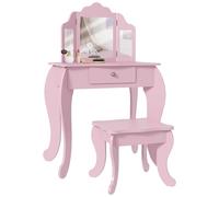 HOMCOM Coiffeuse Enfant avec Tabouret à Miroir Pliant 3 Volets Rose