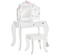 HOMCOM Coiffeuse Enfant avec Tabouret, Miroir triptyque et tiroir Coulissant - Coiffeuse dim. 63L x 40l x 85,5H cm - Blanc Acrylique