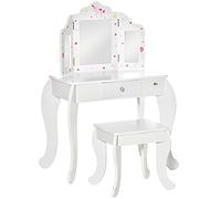 HOMCOM Coiffeuse Enfant avec Tabouret, Miroir triptyque et tiroir Coulissant - Coiffeuse dim. 63L x 40l x 85,5H cm - Blanc Acrylique