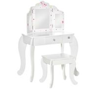 HOMCOM Coiffeuse Enfant avec Tabouret Motif Étoiles et Cœurs Blanc | Coiffeuse Bureau 2 en 1, Miroir triptyque et tiroir Coulissant, Coiffeuse, 63L x 40l x 85,5H cm, Acrylique
