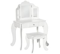 HOMCOM Coiffeuse Enfant avec Tabouret Motif Uni Blanc | Coiffeuse Bureau 2 en 1, Miroir triptyque et tiroir Coulissant, Coiffeuse, 63L x 40l x 85,5H cm, Acrylique