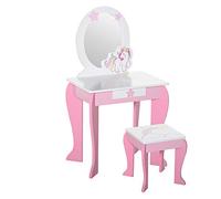 Coiffeuse enfant design licorne - tabouret inclus - dim. 49L x 34l x 90H cm - tiroir, miroir - MDF - rose blanc