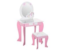 HOMCOM Coiffeuse Enfant Design Licorne MDF 49L x 34l x 90H cm Rose Blanc | Tabouret Inclus, Tiroir, Miroir
