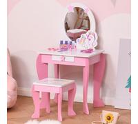 HOMCOM Coiffeuse Enfant Design Licorne - Tabouret Inclus - dim. 49L x 34l x 90H cm - tiroir, Miroir - MDF - Rose Blanc Description:Cette splendide coiffeuse adaptée aux 3 ans et plus, séduira votre en