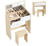 HOMCOM Coiffeuse miroir relevable et tabouret escamotable, blanc/chêne | Coiffeuse compacte 2-en-1 avec tiroir et rangements, meuble de maquillage pour chambre, ouverture par vérins, gain de place