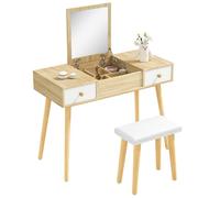 HOMCOM Coiffeuse avec Miroir et Tabouret, Table de Maquillage avec 2 tiroirs et Miroir Rabattable, Coussin rembourré, Bureau Coiffeuse, 100 x 45 x 118 cm, Naturel