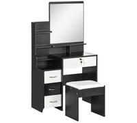 HOMCOM Ensemble de Coiffeuse Table de Maquillage avec Tabouret rembourré Grand Miroir + Plusieurs étagères Ouvertes + 4 tiroirs Blanc Noir