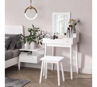 HOMCOM Coiffeuse Table de Maquillage avec Tabouret Miroir Rabattable Coffre + 2 tiroirs MDF Bois Massif pin Blanc